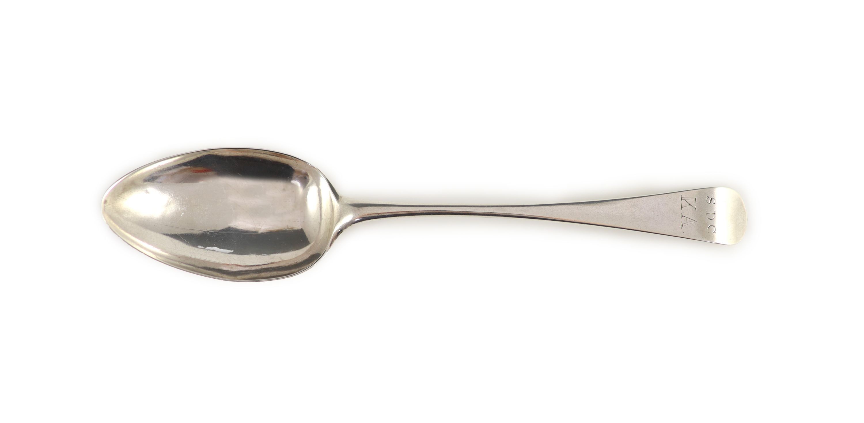 A George III Channel Islands silver tablespoon, initialled ‘S.D.C’ over ‘K.A’, inscribed 1798, attributed to Jacques Quesnel, marked ‘I.Q’ and cannon mark, 20cm long, 1.2 oz.